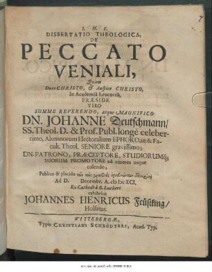 Dissertatio Theologica, De Peccato Veniali