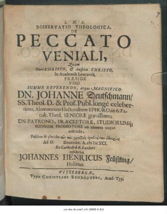 Dissertatio Theologica, De Peccato Veniali