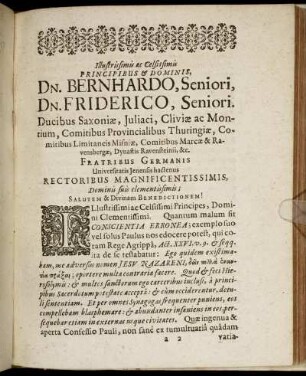 Illustrissimis ac Celsissimis [...] Dn. Bernhardo, Seniori, Dn. Friderico, Seniori. Ducibus Saxoniae [...]
