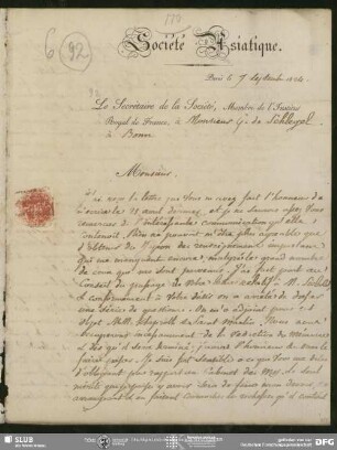 Eigenh. Brief auf Vordruck von Abel Rémusat an August Wilhelm von Schlegel, Paris, 07.09.1824