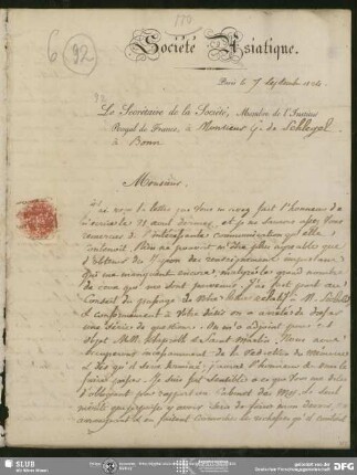 Eigenh. Brief auf Vordruck von Abel Rémusat an August Wilhelm von Schlegel, Paris, 07.09.1824