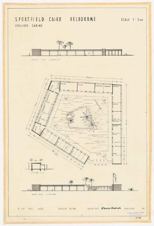 Sportfield Kairo Velodrome: Cyclists cabins, Grundriss, 2 Ansichten North-East-Elevation, South-West-Elevation, Schnitt Section C-C, 1:200