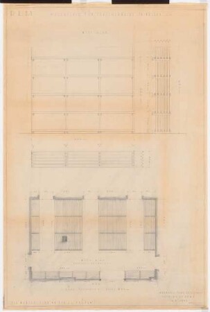 Reichsluftfahrtministerium, Berlin: Weinkeller L4: Regale für Flaschenweine Ansichten, Grundrisse 1:20, 1:10