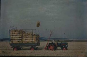 Fotografie: Erntetechnik, Zweiachsanhänger, Ballenkette, Ballenwurfgabel, Strohbergung