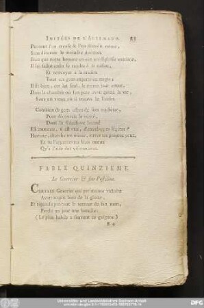 Fable Quinzieme. Le Guerrier & son Postillon.