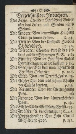 Verzeichniß der Andachten.