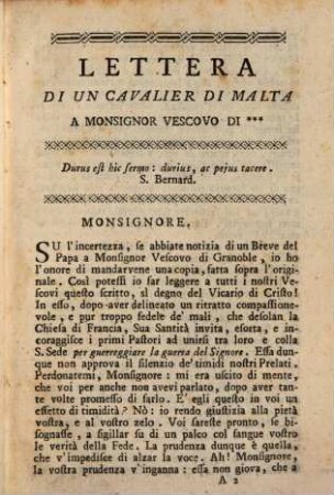 Lettera di un cavalier di Malta : Scritta a monsignor Vescovo di ... Tradotta dal Francese