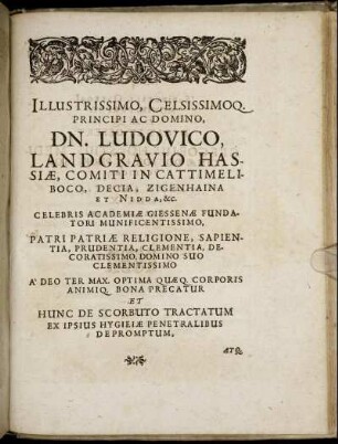 Illustrissimo, Celsissimoq. Principi Ac Domino, Dn. Ludovico, Landgravio Hassiæ, Comiti in Cattimeliboco, [...]