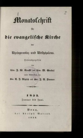 Monatsschrift für die evangelische Kirche der Rheinprovinz und Westphalens/1852
