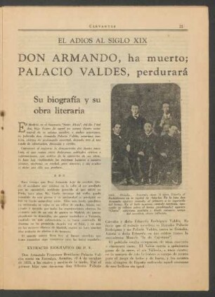 Don Armando, ha muerto; Palacio Valdés, perdurará : El adiós al siglo XIX