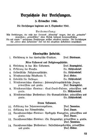 Verzeichnis der Vorlesungen. 3. Trimester 1940.