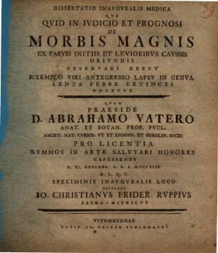 Dissertatio Inavgvralis Medica Qva Qvid In Ivdicio Et Prognosi De Morbis Magnis Ex Parvis Initiis Et Levioribvs Cavssis Orivndis Observari Debet ...