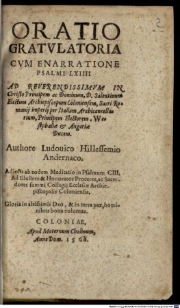 Oratio gratulatoria ad Archiepisc. Coloniensem