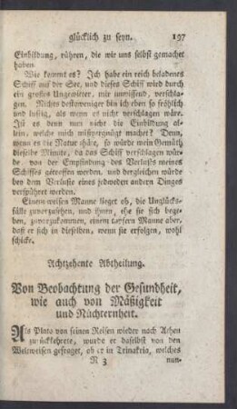 Achtzehente Abtheilung. Von Beobachtung der Gesundheit, wie auch von Mäßigkeit und Nüchternheit