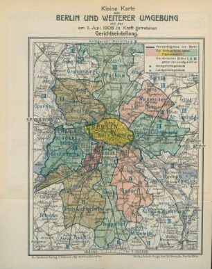 Karte: Kleine Karte von Berlin und weiterer Umgebung mit der am 1. Juni 1906 in Kraft getretenen Gerichtseinteilung