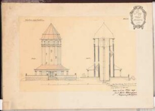 Erziehungsheim Schinkelwettbewerb 1909: Wasserturm, zugleich Aussichtsturm. Ansicht, Schnitt 1:150