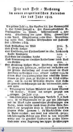 Zeit und Fest-Rechnung im neuen gregorianischen Kalender für das Jahr 1818
