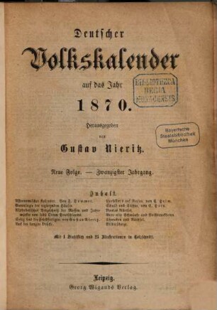 Deutscher Volkskalender. 1870 = N.F. 20