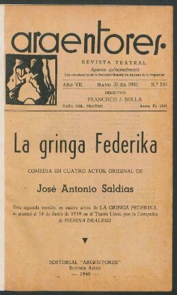 1940018400: La gringa Federika : comedia en cuatro actos