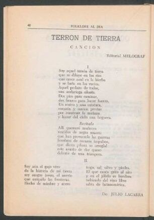 Terrón de tierra : Canción. - Editorial Melograf