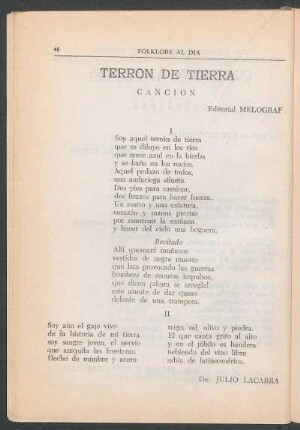 Terrón de tierra : Canción. - Editorial Melograf