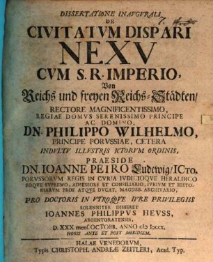 Dissertatione Inavgvrali De Civitatvm Dispari Nexv Cvm S. R. Imperio Von Reichs und freyen Reichs-Städten