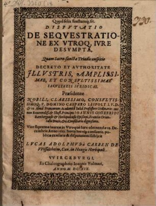 Disp. de sequestratione ex utroque iure desumpta