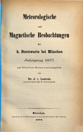 Meteorologische und magnetische Beobachtungen der Königlichen Sternwarte bei München, 1877