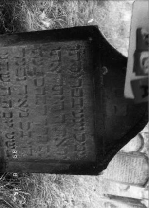 Grabstein 53 (Index: 100108145) Material: gelber Sandstein Zustand: verwittert, bewachsen, versalzen Maße HxBxT: 87x52x11 cm Beschreibung: Stele mit geschwungenem eingezogenem Rundbogenabschluß, Schriftfeld rechteckig eingetieft Besonderheit: kulturhistorisch wertvoll / hist.-wiss. Gründe (Gemeindestellung): Grabstein 53A