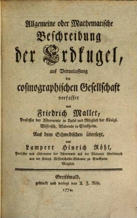 Allgemeine oder Mathematische Beschreibung der Erdkugel