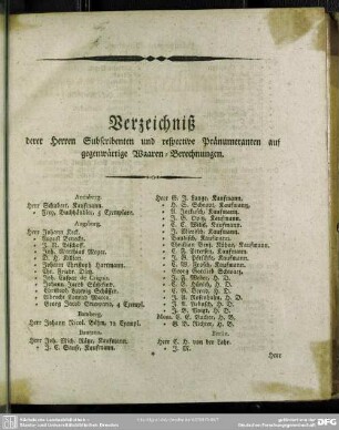 Verzeichniß derer Herren Subscribenten und respective Pränumeranten auf gegenwärtige Waaren-Berechnungen