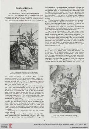 Kunstauktionen / Aus der Museumswelt / Kunstausstellungen / Die Kulturmesse in Leipzig und Frankfurt a. Main / Schweizerische Kunstchronik / Die italienische Kunstwelt / Aus dem Pariser Kunstleben