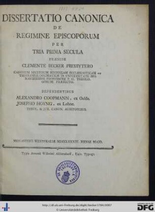 Dissertatio Canonica De Regimine Episcoporum Per Tria Prima Secula