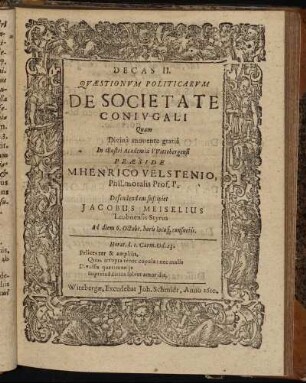 Decas II. Quaestionum Politicarum De Societate Coniugali
