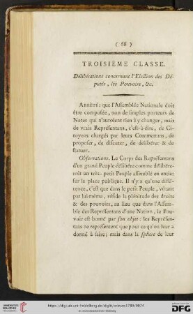 Troisième Classe: Délibérations concernant l'Election des Députés, les Pouvoirs, [et]c.