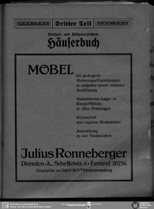 Dritter Teil. Straßenverzeichnis und Häuserbuch : Straßen- und Plätzeverzeichnis, Häuserbuch