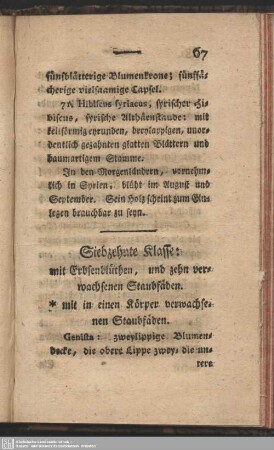 Siebzehnte Klasse: mit Erbsenblüthen, und zehn verwachsenen Staubfäden