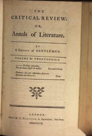 The critical review, or annals of literature. 23. 1767