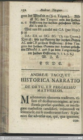 Andreae Tacquet Historica Narratio De Ortu, Et Progressu Matheseos