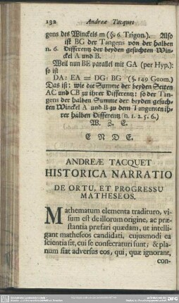 Andreae Tacquet Historica Narratio De Ortu, Et Progressu Matheseos