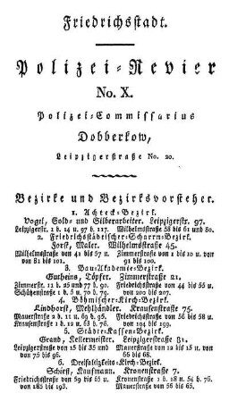 Friedrichsstadt. Polizei= Revier No. X.