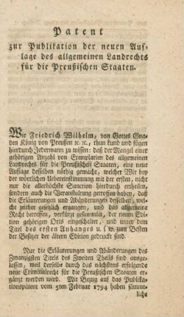 Patent zur Publikation der neuen Auflage des allgemeinen Landrechts für die Preußischen Staaten