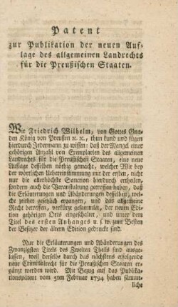 Patent zur Publikation der neuen Auflage des allgemeinen Landrechts für die Preußischen Staaten