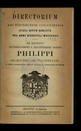 Directorium Archidioecesis Coloniensis juxta ritum Romanum / 1892
