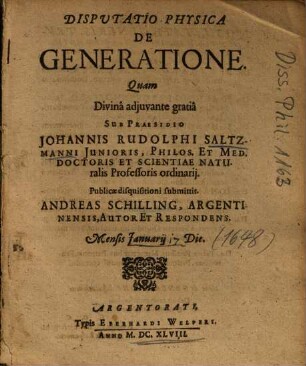 Disputatio Physica De Generatione