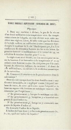 Ècole normale supérieure (concours de 1881).