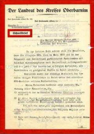 Rundschreiben des Landrates des Kreises Oberbarnim zur illegalen Tätigkeit der KPD