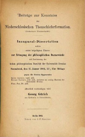 Beiträge zur Kenntniss der Niederschlesischen Thonschieferformation : (Gekrönte Preisschrift.) Inaug.-Diss. der Univers. Breslau