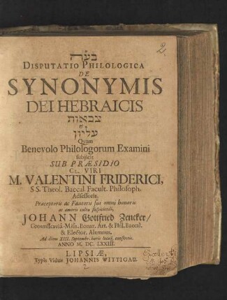 Disputatio Philologica De Synonymis Dei Hebraicis [...] & [...]