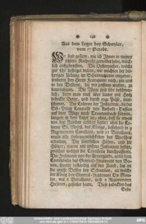 Aus dem Lager bey Schatzlar, vom 17 Octobr.